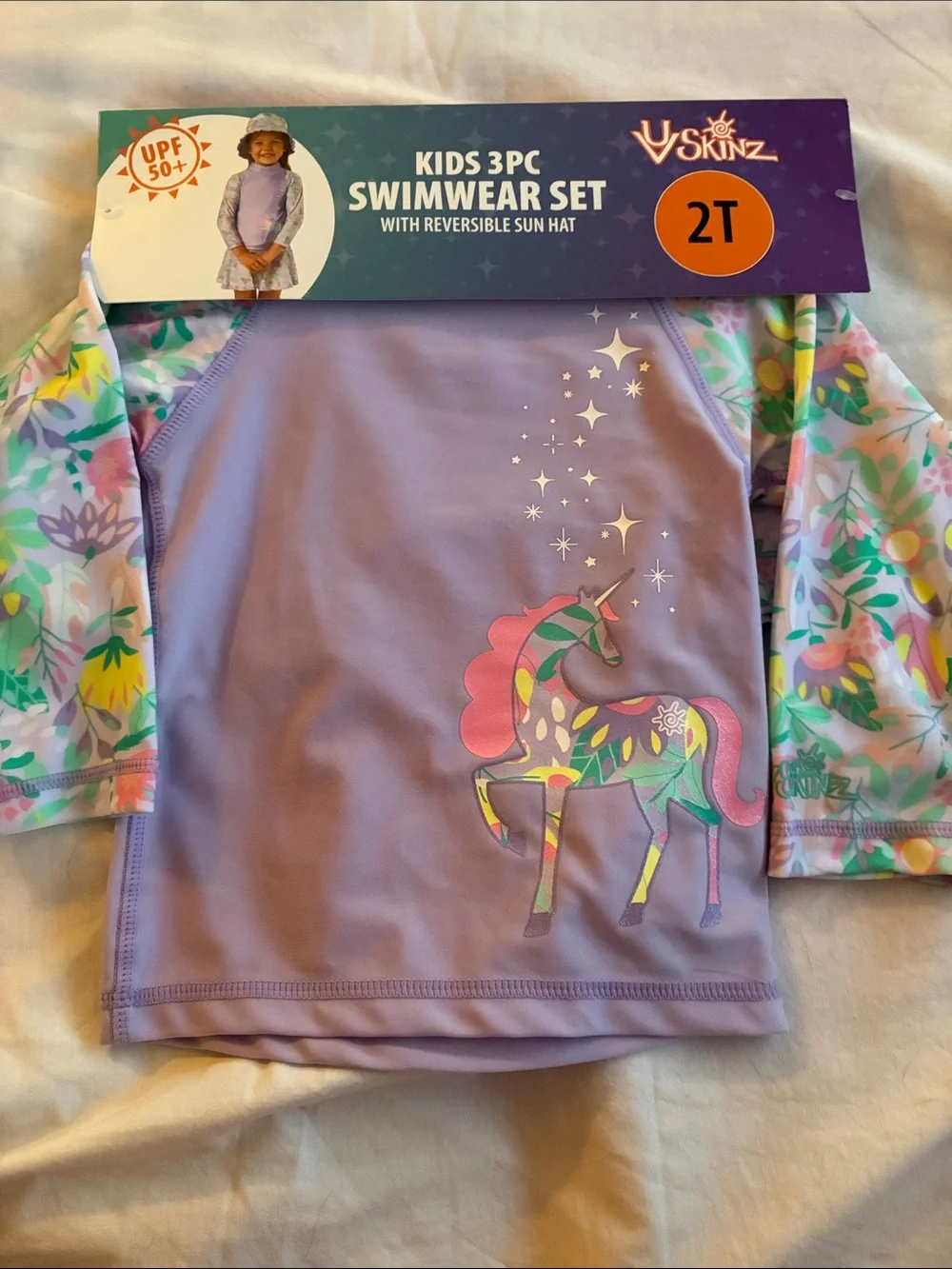 UV Skinz Lavender Kids swimwear set with Floral Sleeves & Unicorn Graphic